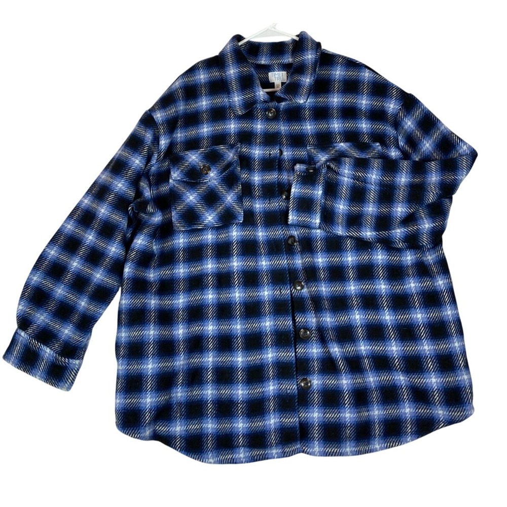 Time and True Jacket Shirt Women Size XXL 22 Shacket Blue Plaid Flannel Button